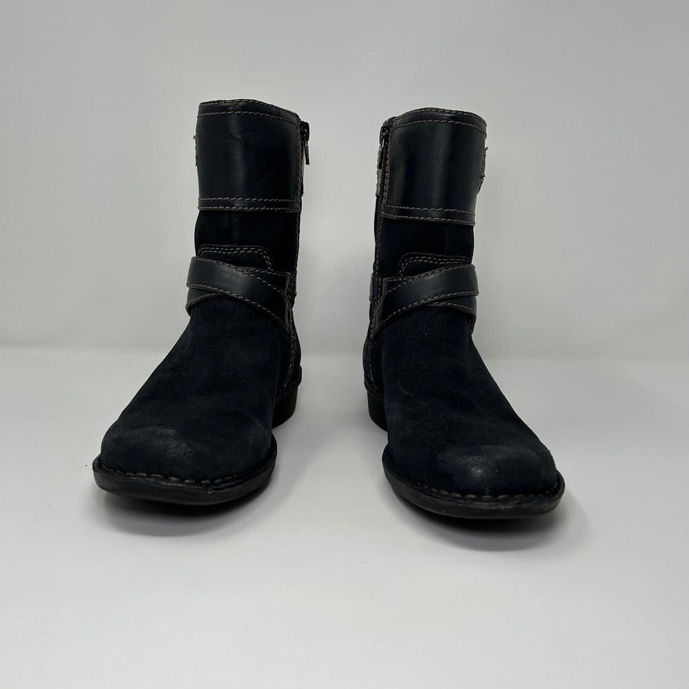 Clarks Artisan Black Suede Leather Moto Boots Buckle MidCalf Side Zip Womens 7.5 - Picture 8 of 14